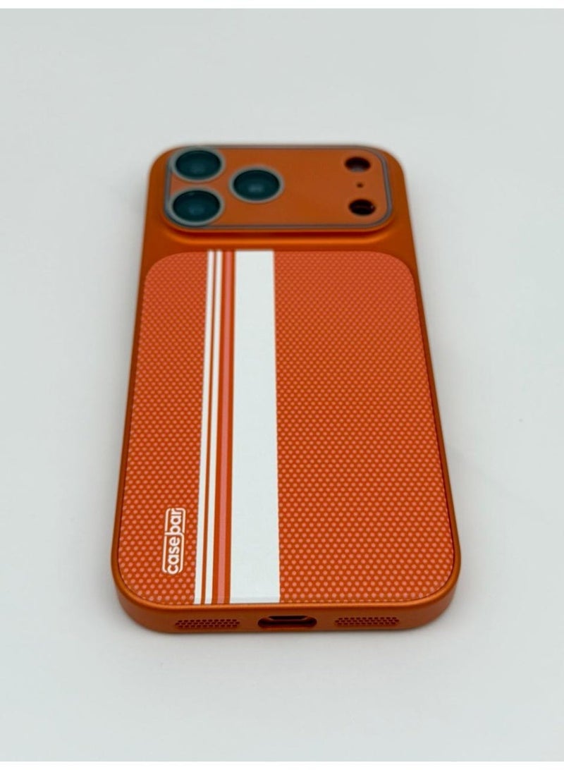 عام CaseBar Retro Racing Series Case for iPhone 17 Pro Max – Dual-Color Heritage Edition – 3D Texture & Skin-Friendly Coating – Slim Shockproof Protective Cover (Orange) - Image 2